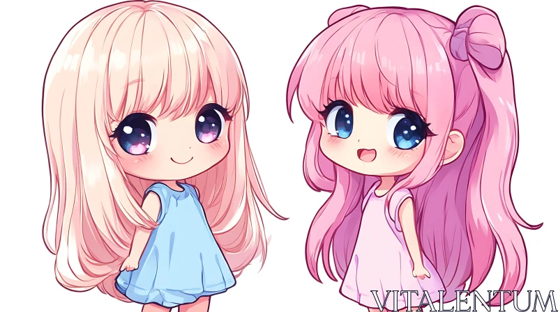 Adorable Chibi Girls in Blue and Pink Dresses AI Image