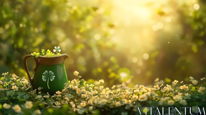 Green Pitcher with Clovers and Flowers AI Image