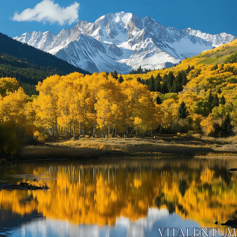 Golden Trees Reflected in Mountain Lake AI Image