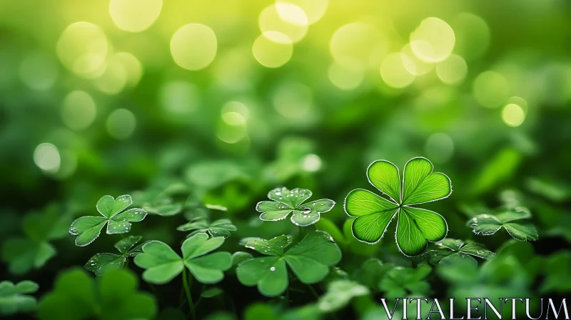 Field of Clovers with Dew Drops AI Image