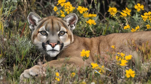 Cougar in a Field of Flowers