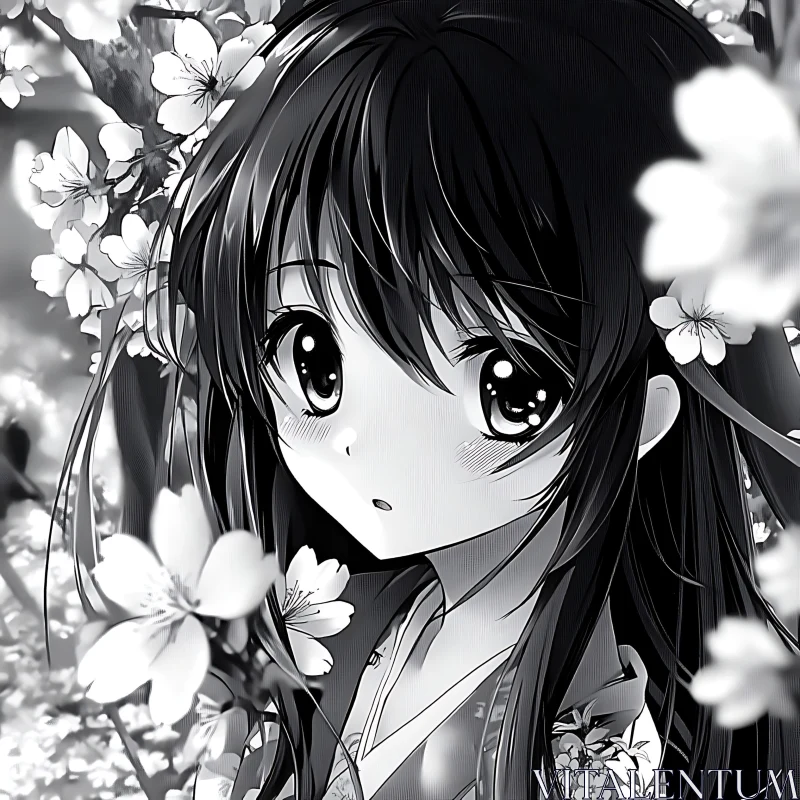 Anime Girl in Blooming Flowers - Black and White AI Image