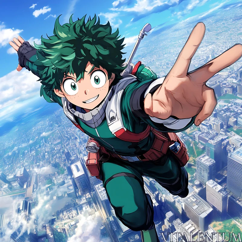 Mid-air Anime Hero Over Cityscape AI Image