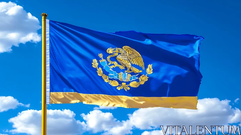 Flag with Golden Emblem Against Blue Sky AI Image