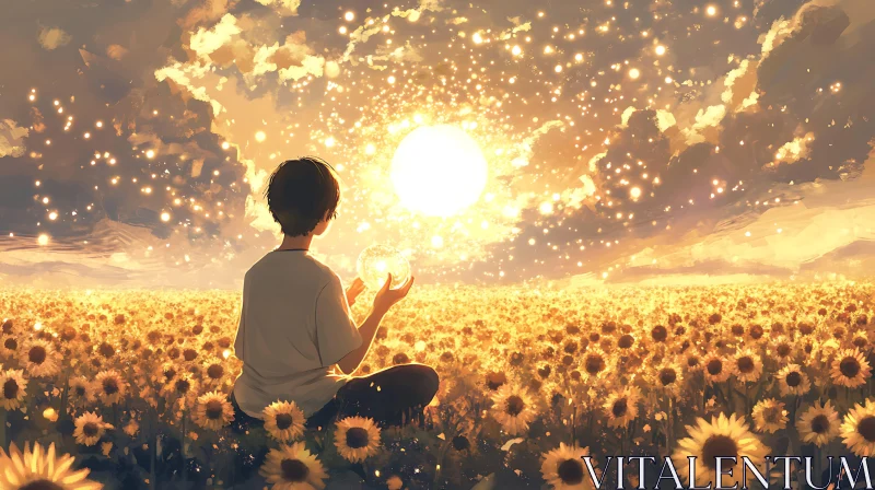 Golden Sunflower Field with Boy AI Image
