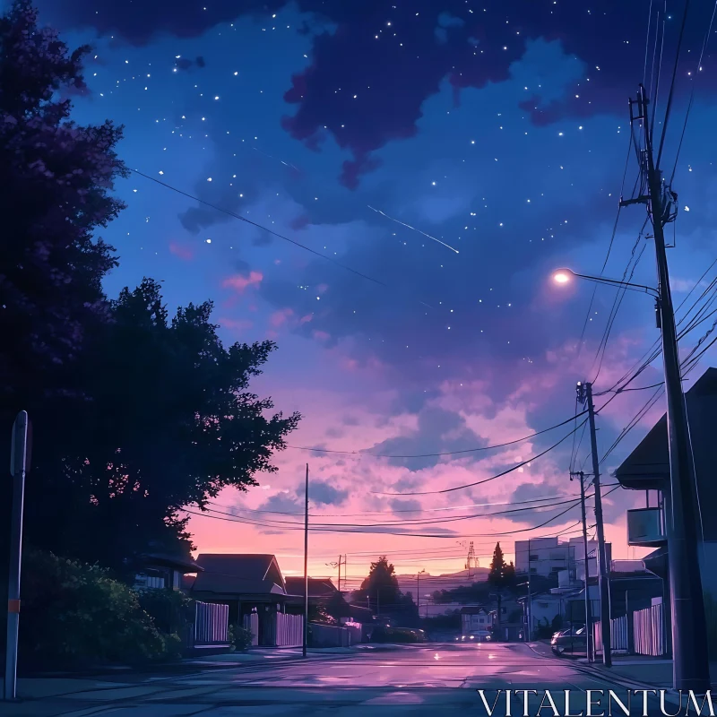 Serene Twilight Street with Stars and Sunset AI Image