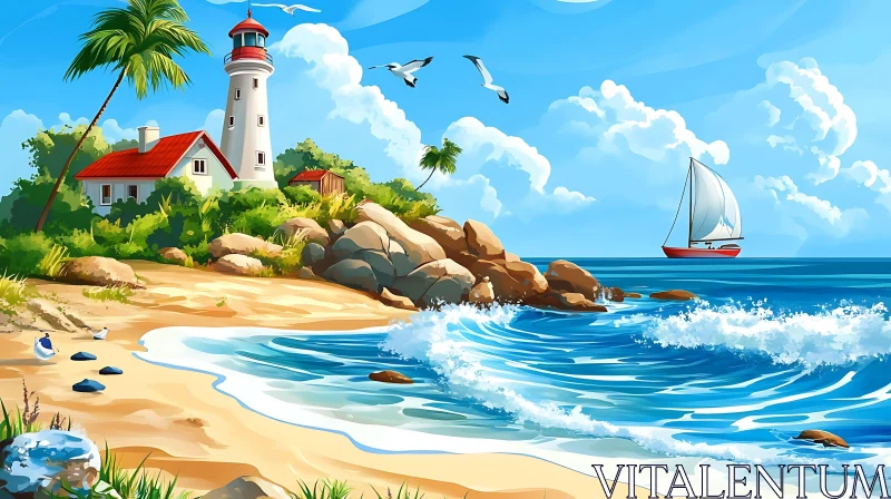 Picturesque Seascape with Lighthouse AI Image