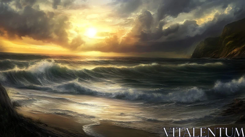 Dramatic Seascape with Sunset and Waves AI Image