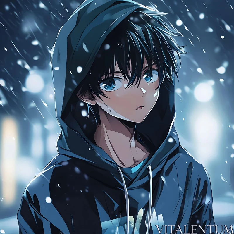 Contemplative Anime Figure in Snowy Night AI Image