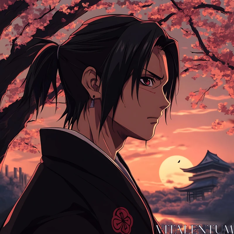 Anime Samurai Amidst Cherry Blossoms AI Image