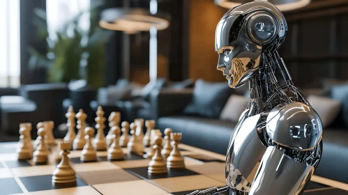 Chrome Robot Playing Chess
