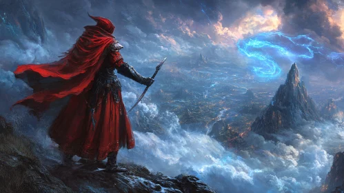 Red Cloak Warrior Overlooking Fantasy Landscape