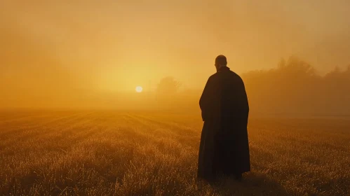 Lone Figure at Dawn in Golden Light