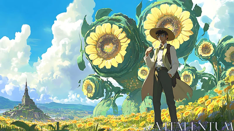 Surreal Adventure Amidst Enormous Sunflowers AI Image