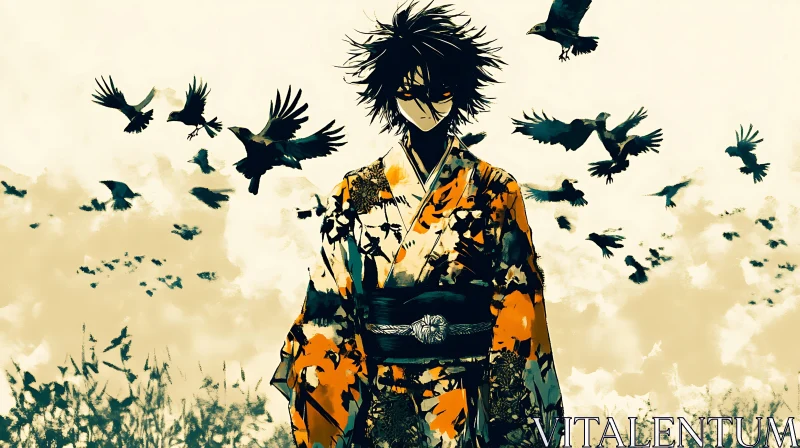 Enigmatic Samurai Surrounded by Crows AI Image