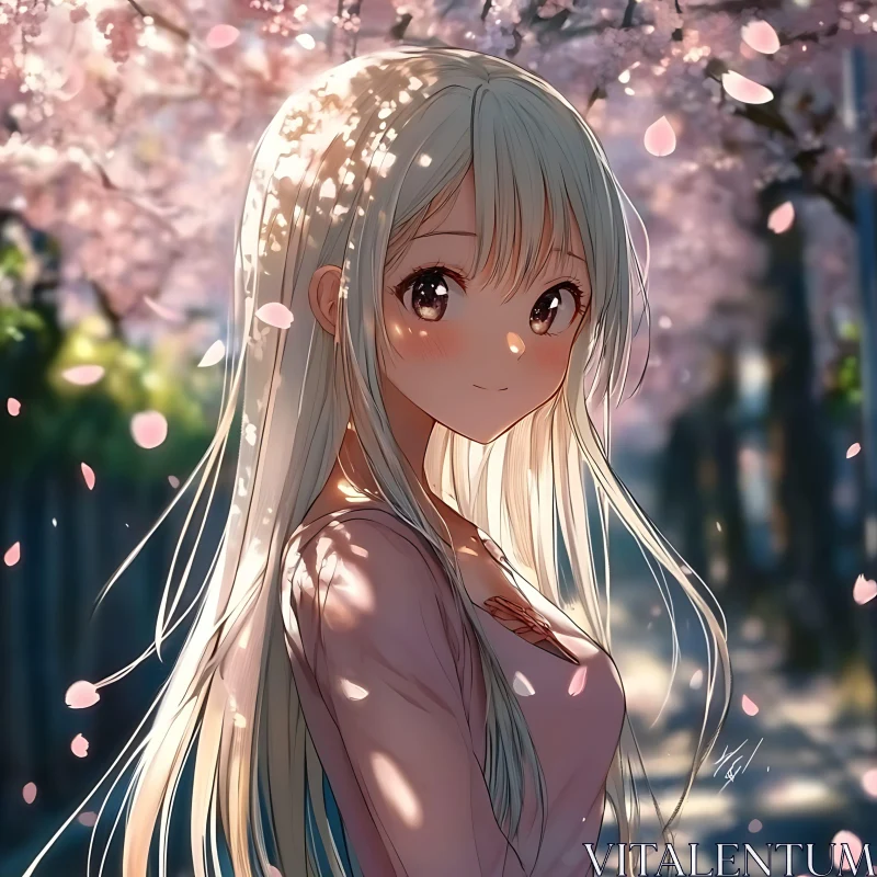 Anime Girl and Cherry Blossoms AI Image