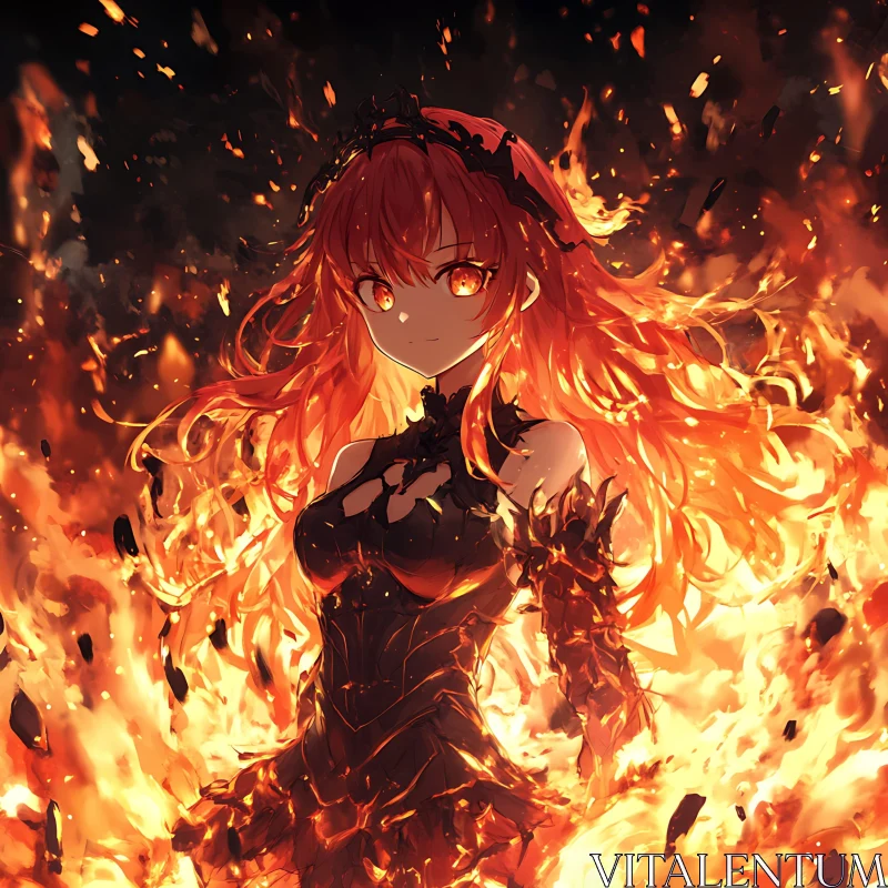 Fiery-Haired Anime Woman in Flames AI Image