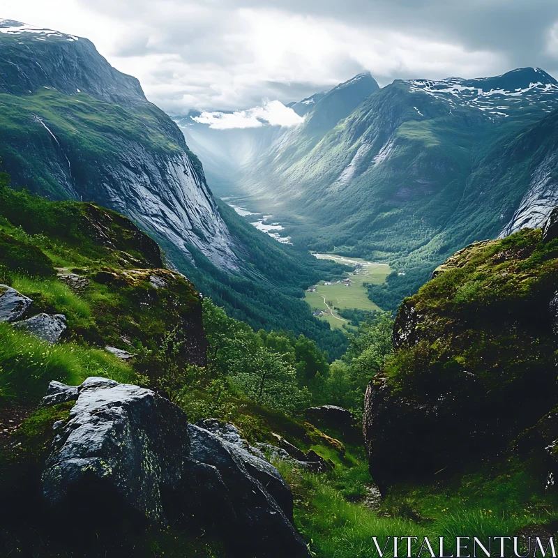 AI ART Lush Green Valley Between Mountains