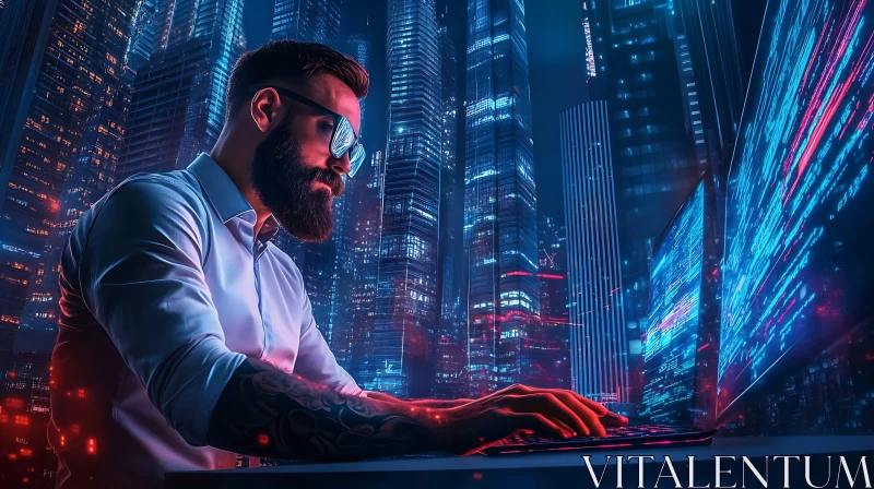 Man Coding in Neon City AI Image