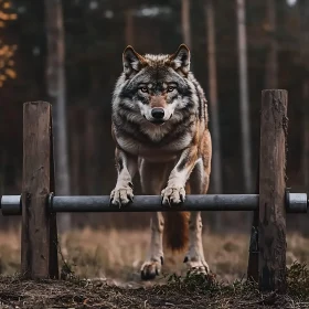 Powerful Wolf Stance in Woodland Scene