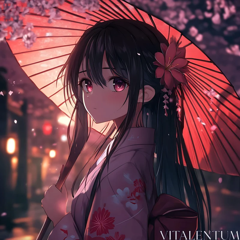 Traditional Kimono-Clad Anime Girl at Night AI Image