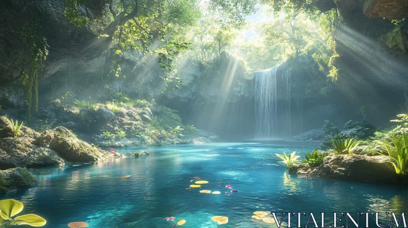 AI ART Enchanting Tropical Oasis with Waterfall