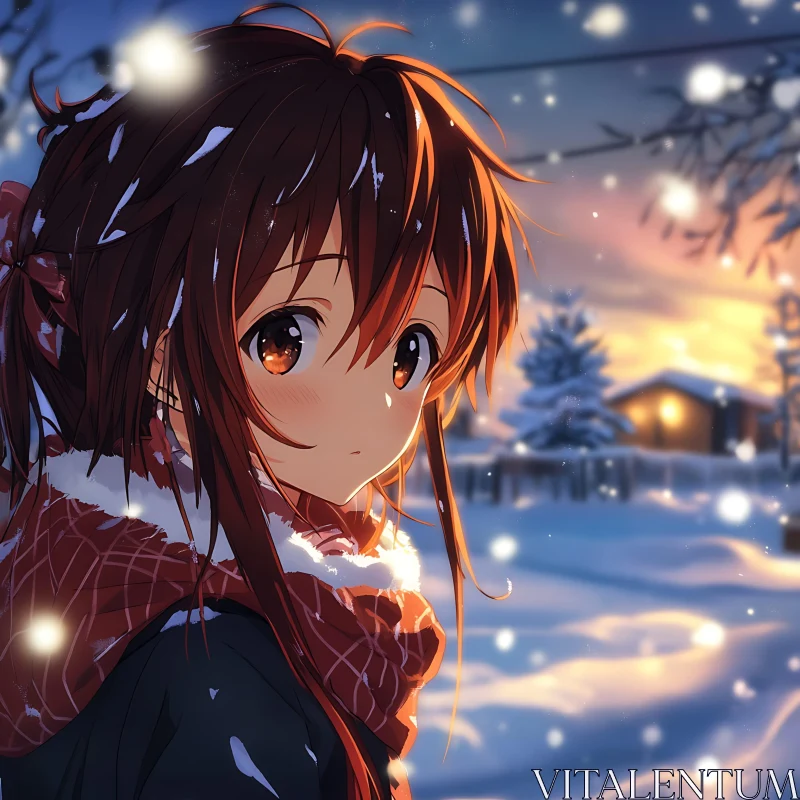 Winter Sunset with Anime Girl AI Image