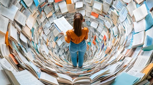 Swirling Pages: Woman Reading in Book Tunnel