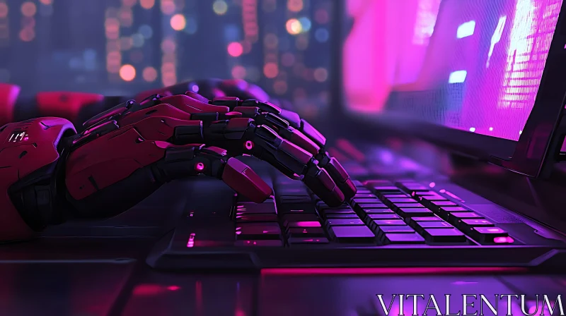 AI ART Robotic Hand Keyboard Neon