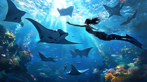 Underwater Ballet: Mermaid and Manta Rays