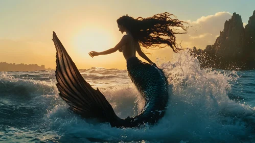 Sunset Mermaid in Ocean Waves