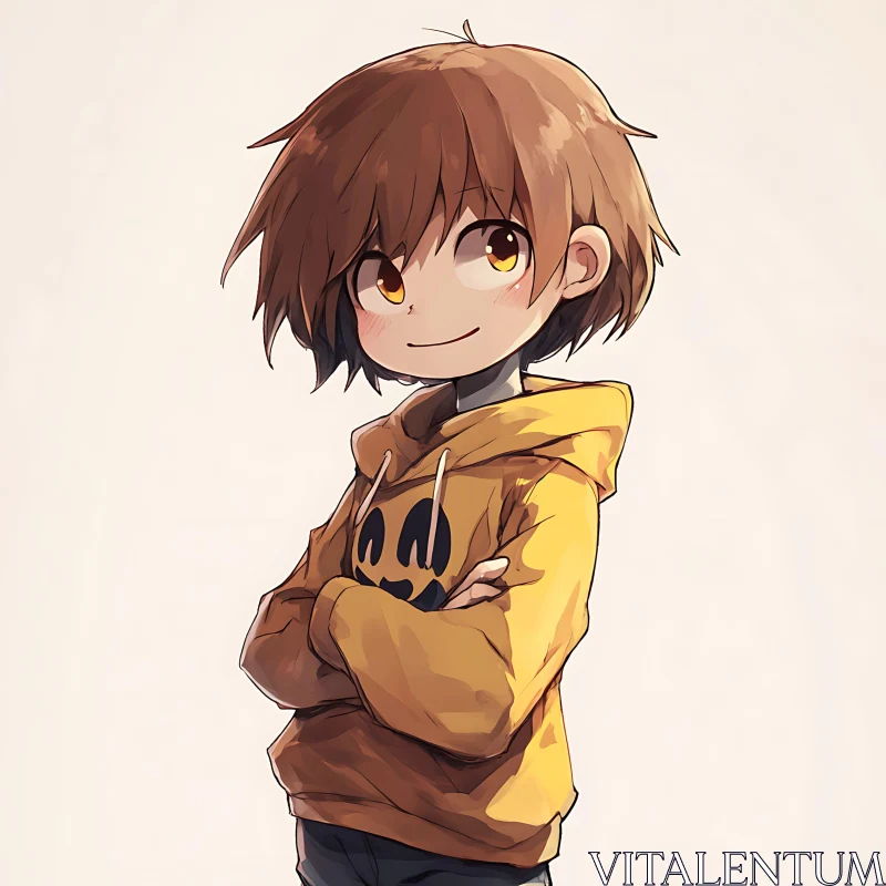 Illustrated Anime Character with Brown Hair and Yellow Hoodie AI Image