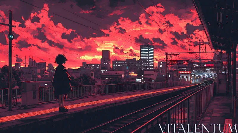 Train Station Sunset in Anime Art AI Image