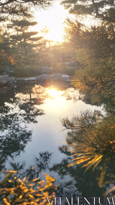 Tranquil Sunset Reflection on Forest Lake AI Image