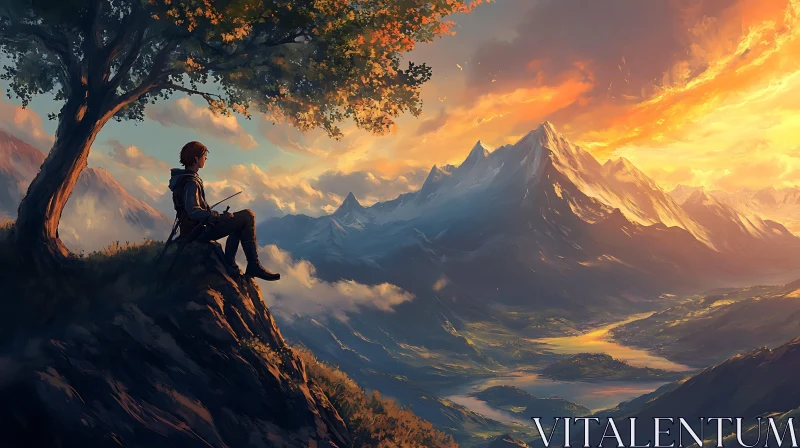 Lone Figure at Mountain Sunset AI Image