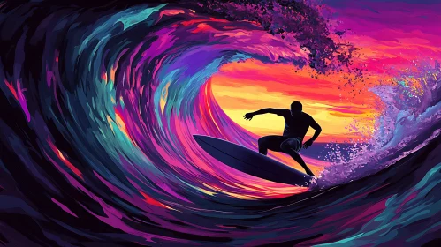Silhouette Surfer on Colorful Wave