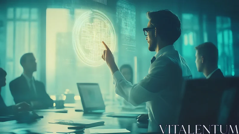 Futuristic Business Meeting with Glowing Technology AI Image