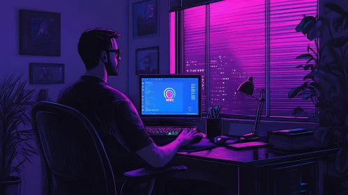 Man at Computer in Neon Lit Room