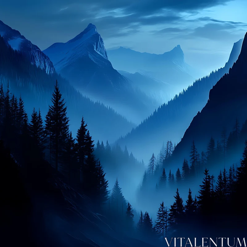 Misty Blue Mountains and Forest View AI Image