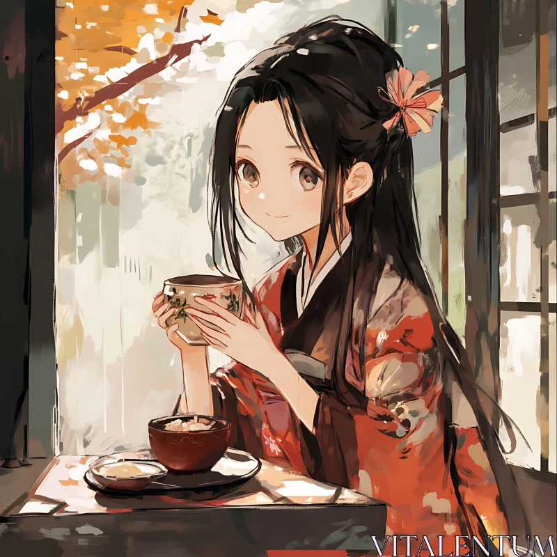 Anime Girl in Red Kimono with Tea AI Image