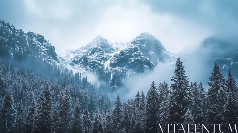 Winter Mountain Landscape with Evergreen Forest AI Image