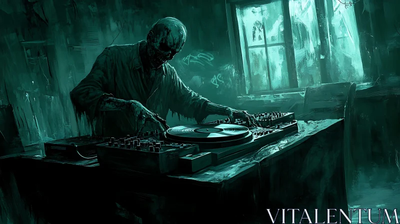 AI ART Teal Zombie DJ Mixing Music