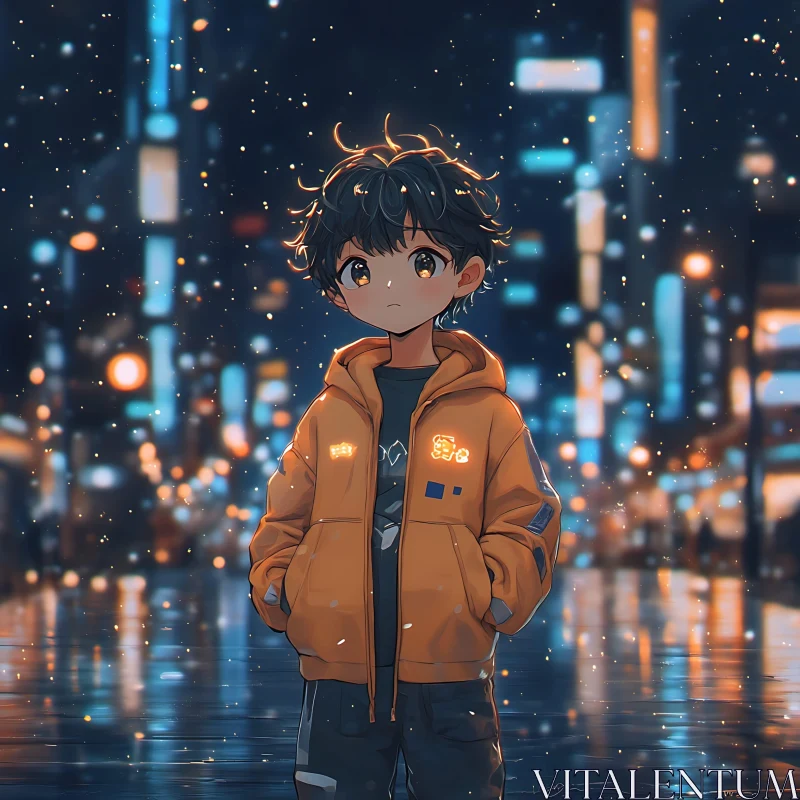 Anime Character in Vibrant Urban Nightscape AI Image