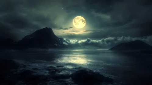 Serene Lunar Reflection on Mountain Lake