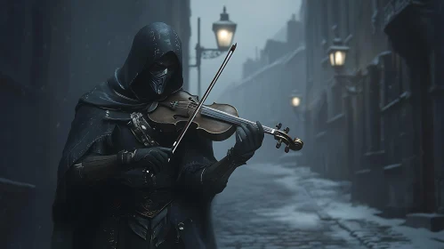 Hooded Musician in the Gloomy City