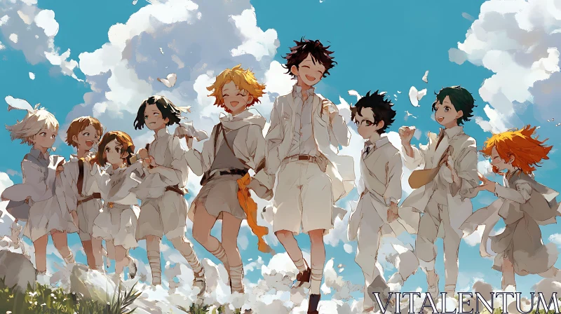 Happy Anime Kids Running Outside on a Sunny Day AI Image