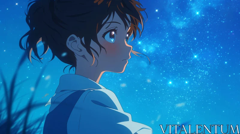 Contemplative Anime Figure Under a Star-Lit Sky AI Image