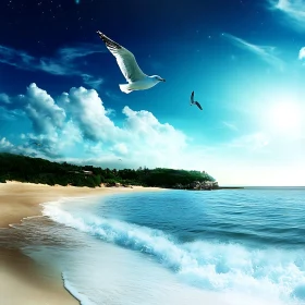 Coastal Scene with Seagulls in Flight