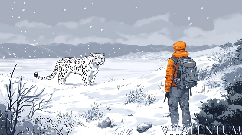 Hiker and Leopard in Snowy Mountains AI Image