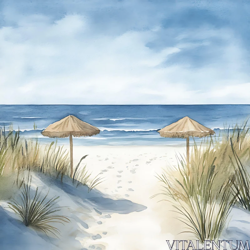 AI ART Watercolor Beach with Two Umbrellas